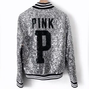 PINK Victoria’s Secret 2013 Limited Edition Silver Sequin Bomber Jacket Sm RARE